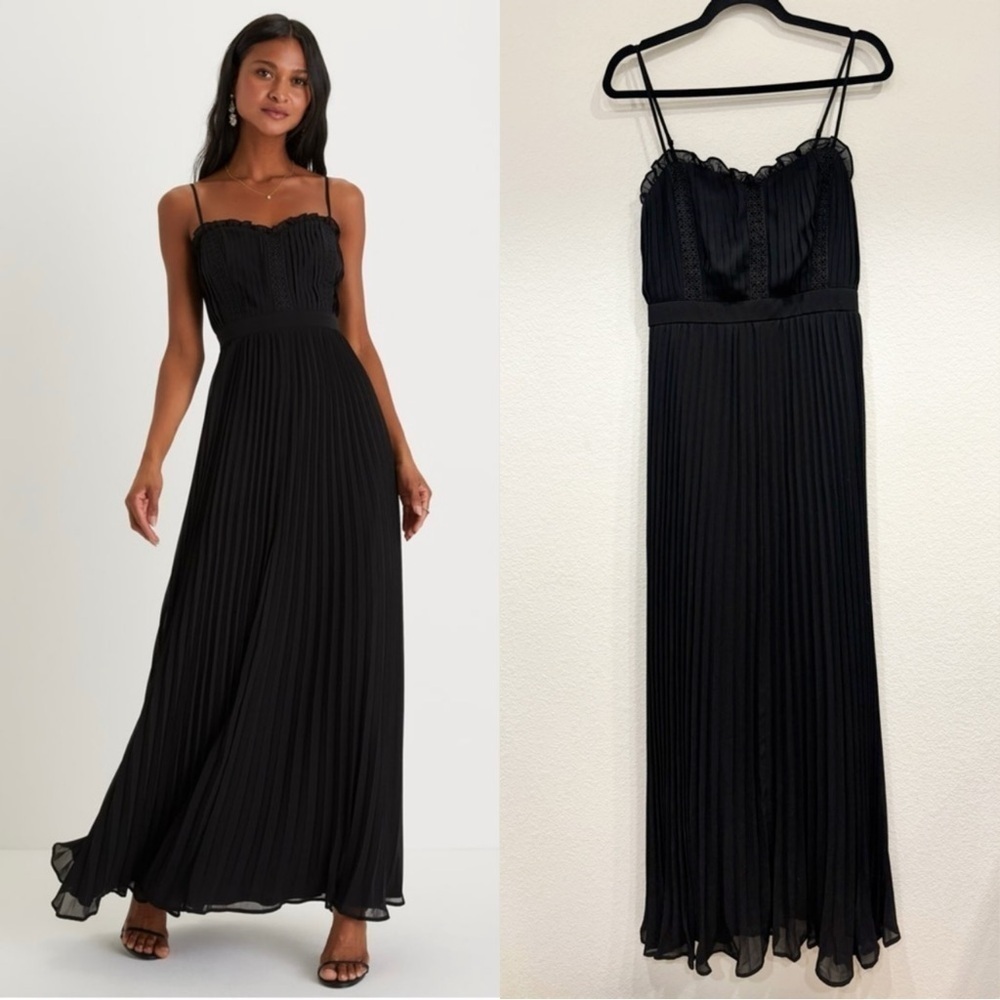 Sz L NWOT Lulus Precious‎ Charm Black Pleated Sleeveless Maxi Dress